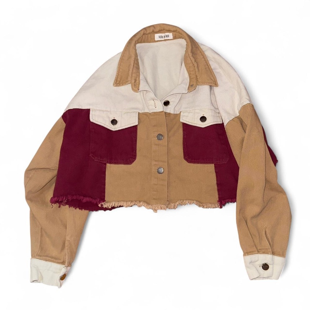 Y2K Grunge Patchwork Colorblock Cropped Raw Hem Denim Shacket Oversized Cotton L
